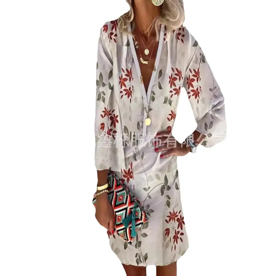Hot Summer Printed V-Neck Long Sleeve Dress - Image 40