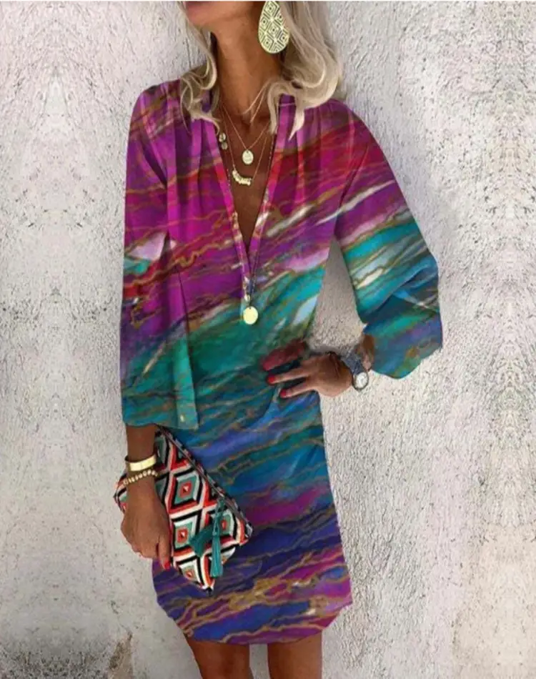 Hot Summer Printed V-Neck Long Sleeve Dress - Image 11