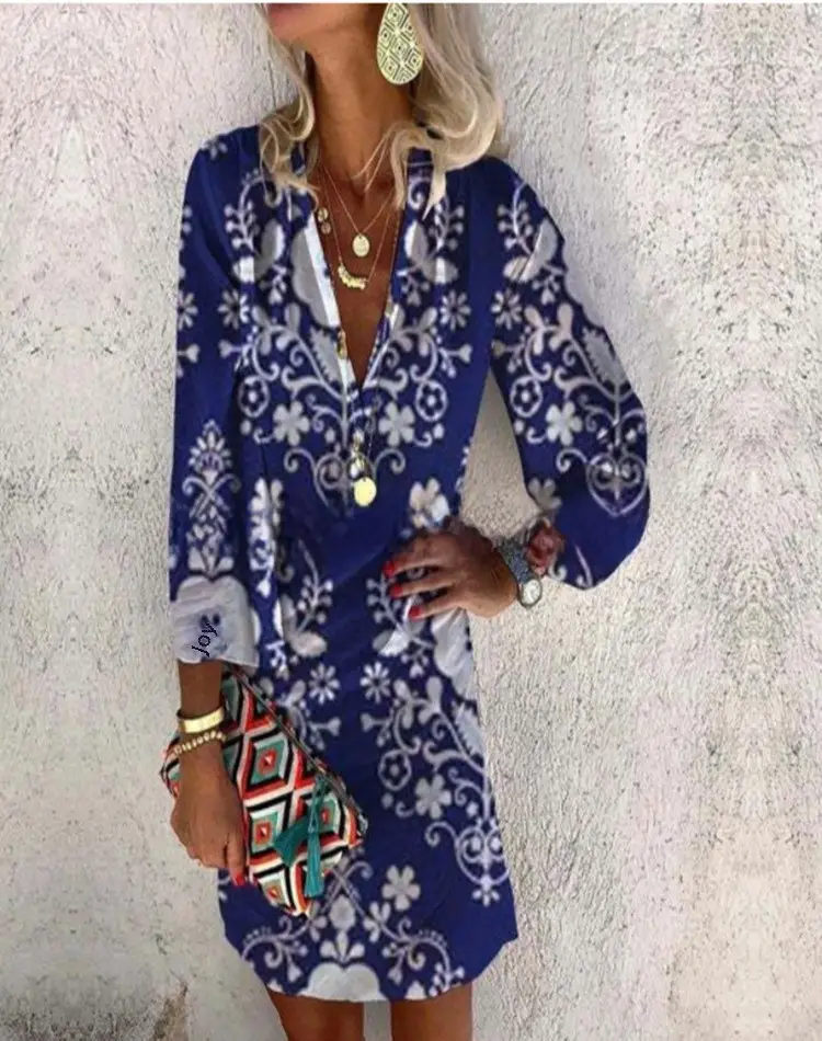 Hot Summer Printed V-Neck Long Sleeve Dress - Image 19