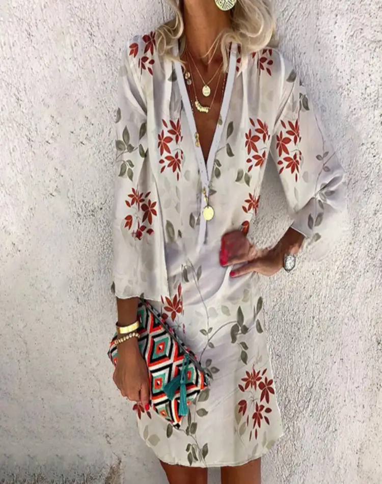 Hot Summer Printed V-Neck Long Sleeve Dress - Image 2