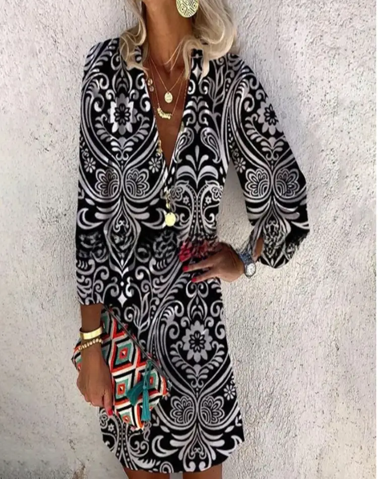 Hot Summer Printed V-Neck Long Sleeve Dress - Image 22