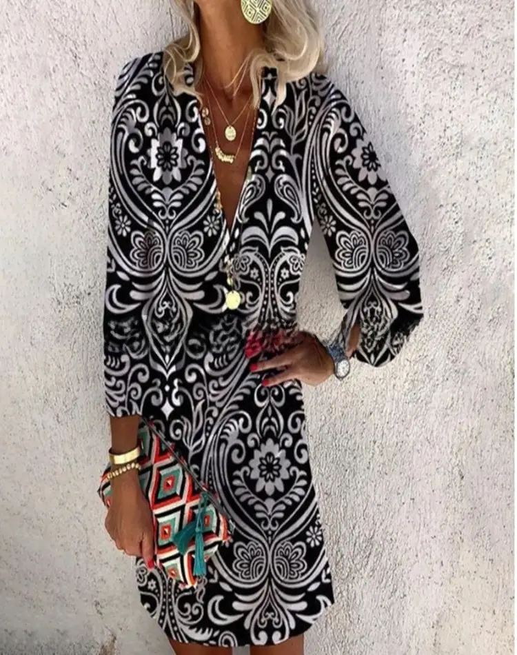 Hot Summer Printed V-Neck Long Sleeve Dress - Image 24