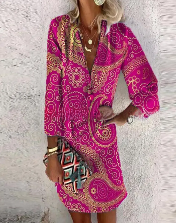 Hot Summer Printed V-Neck Long Sleeve Dress - Image 29