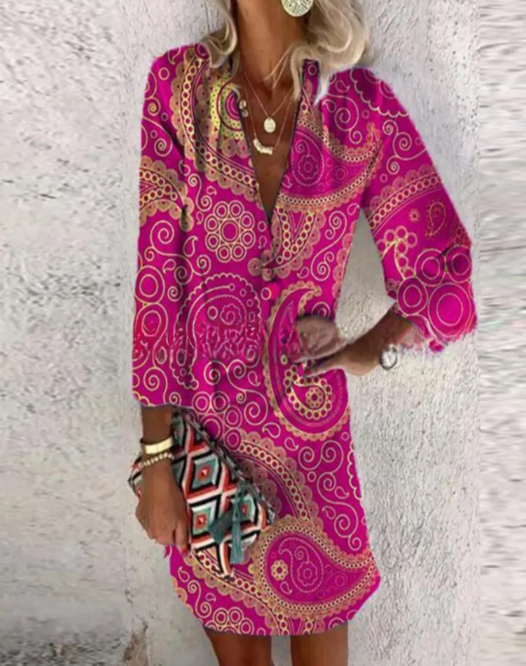Hot Summer Printed V-Neck Long Sleeve Dress - Image 30