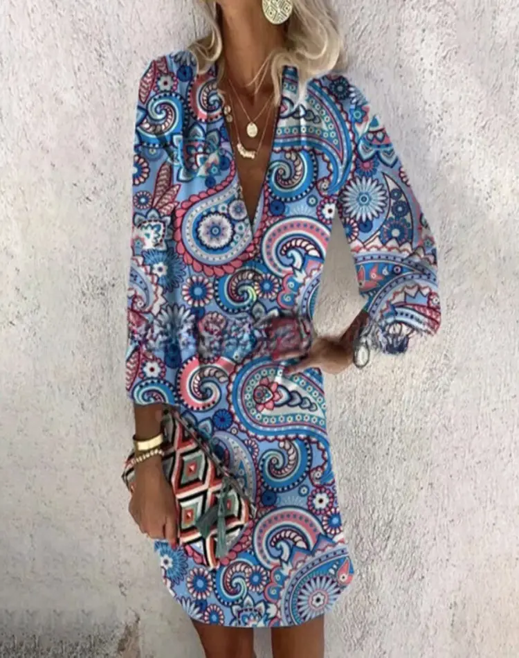 Hot Summer Printed V-Neck Long Sleeve Dress - Image 32