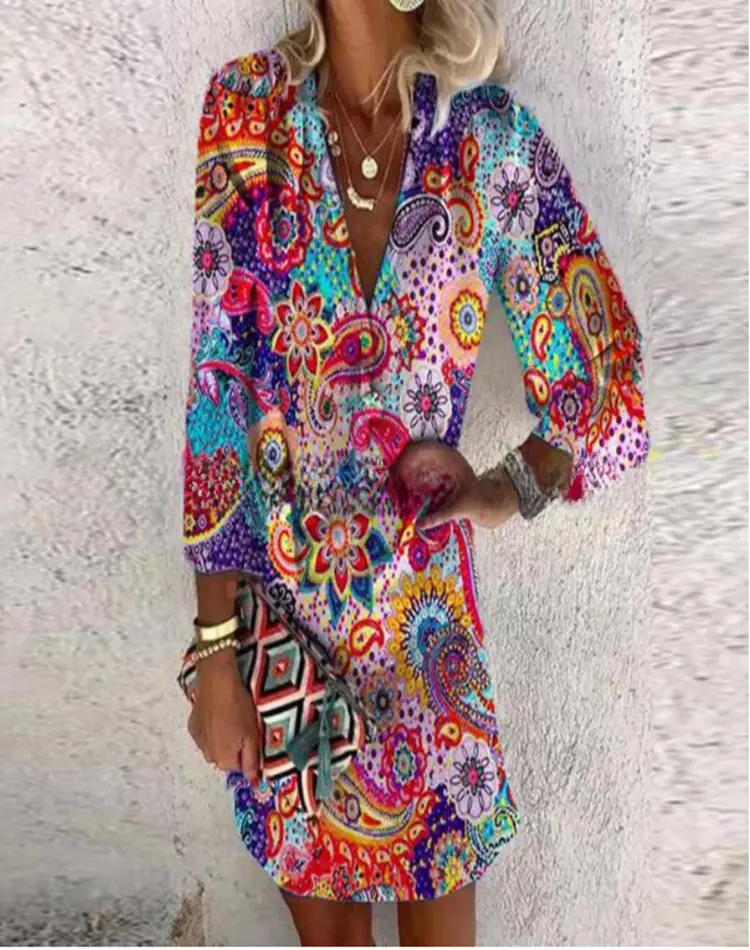 Hot Summer Printed V-Neck Long Sleeve Dress - Image 8