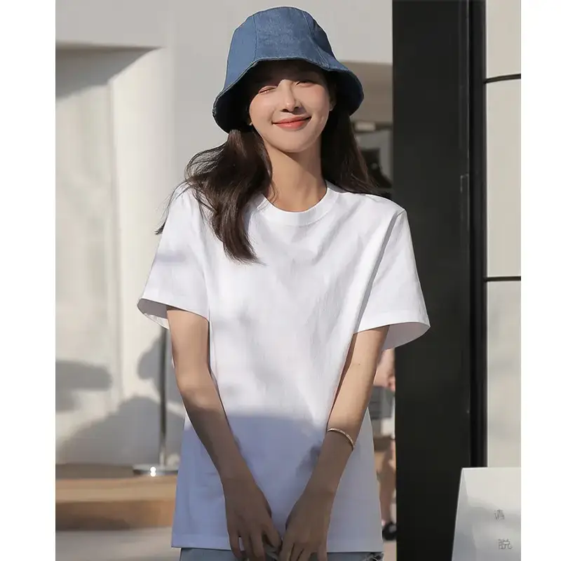 Women Navy Cotton T-Shirt Short Sleeve Loose Fit
