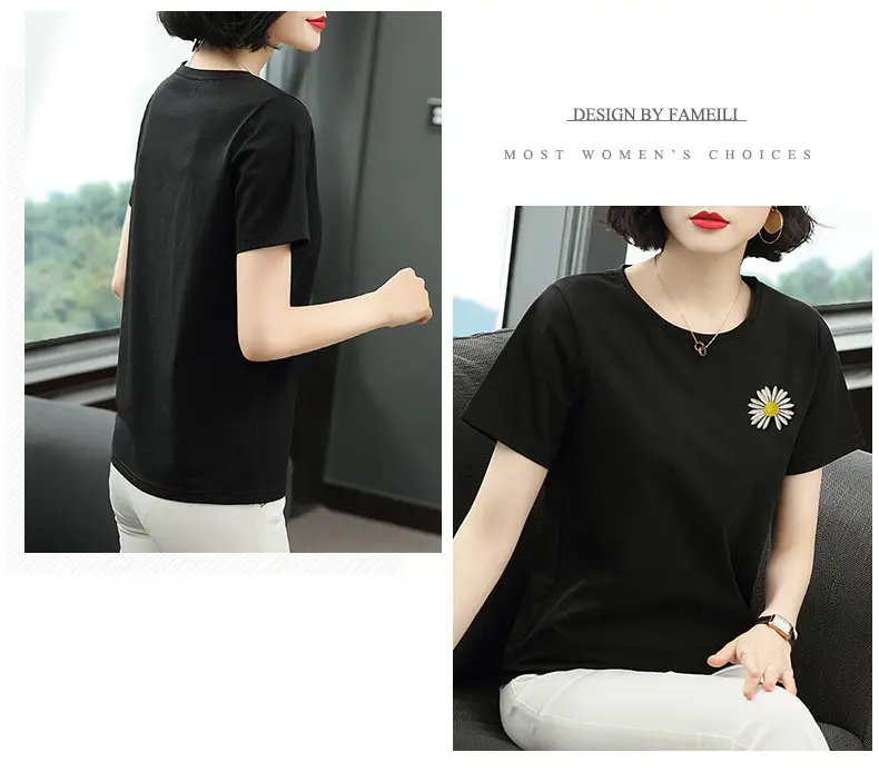 Women Printed T-Shirt Black Daisy Design Plus Size — feature 16