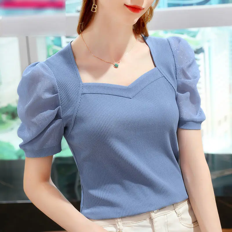 Women Ice Silk Puff Sleeve T-Shirt White 2021 - Image 7