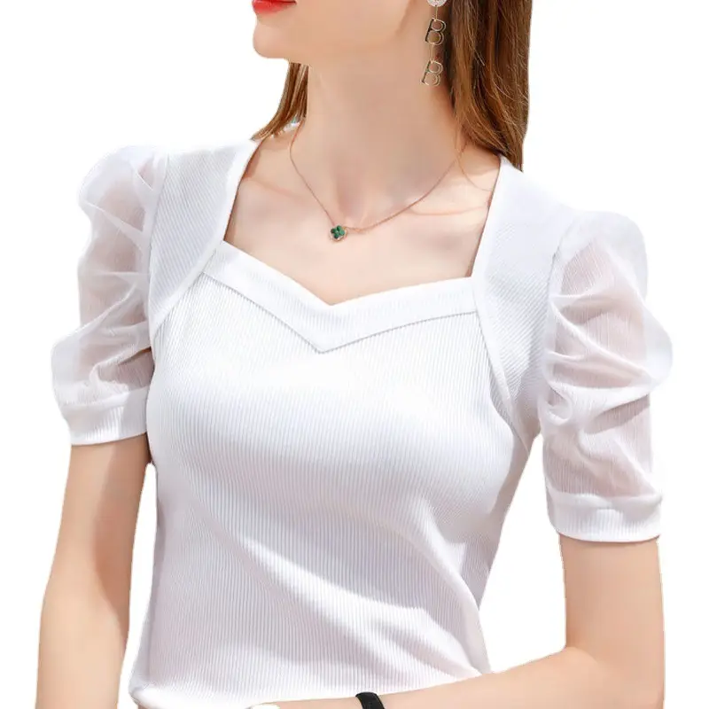 Women Ice Silk Puff Sleeve T-Shirt White 2021 - Image 10