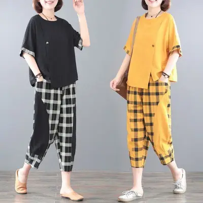 Women Plaid Patchwork 2-Piece Summer Suit Plus Size - Image 4