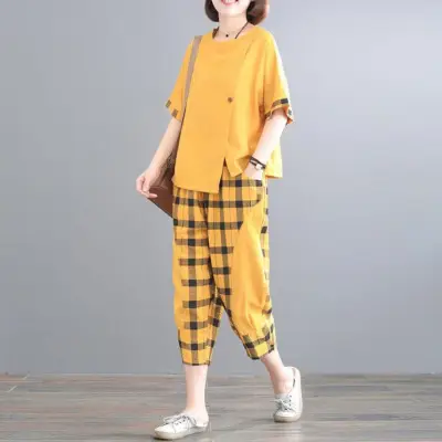 Women Plaid Patchwork 2-Piece Summer Suit Plus Size - Image 5
