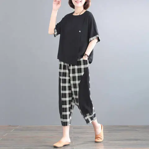 Women Plaid Patchwork 2-Piece Summer Suit Plus Size - Image 6