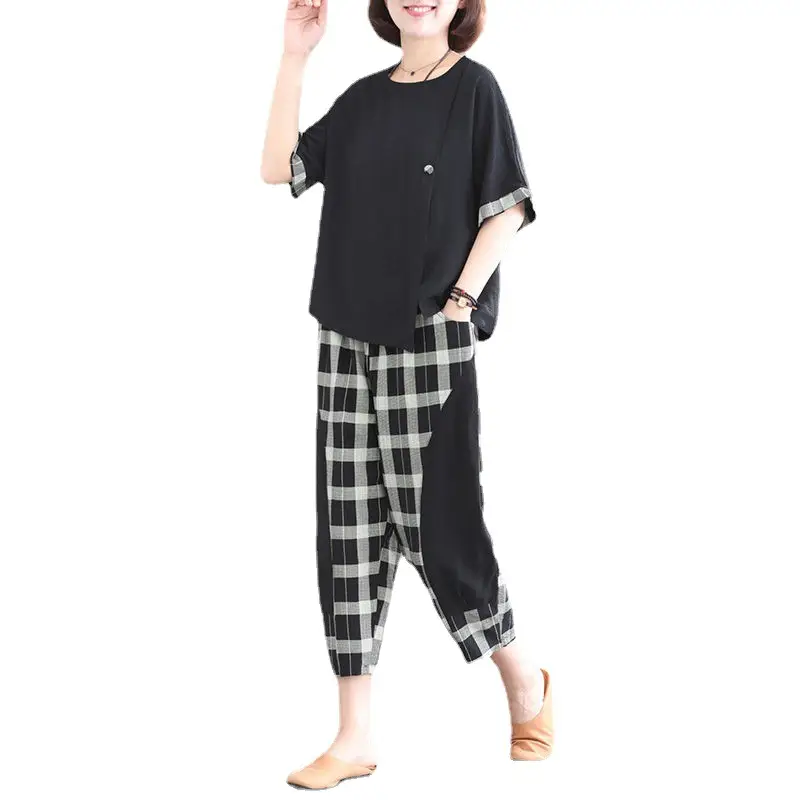 Women Plaid Patchwork 2-Piece Summer Suit Plus Size - Image 7