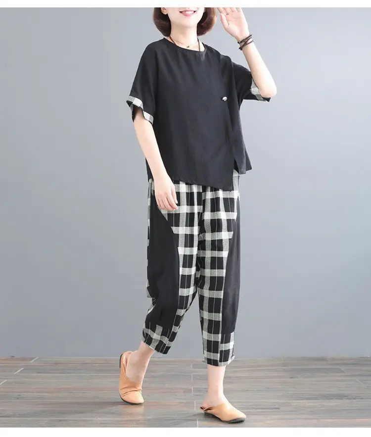 Women Plaid Patchwork 2-Piece Summer Suit Plus Size — feature 10