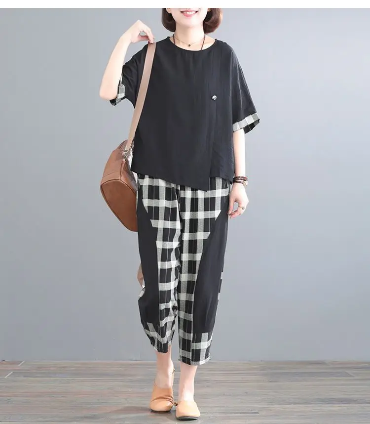 Women Plaid Patchwork 2-Piece Summer Suit Plus Size — feature 15