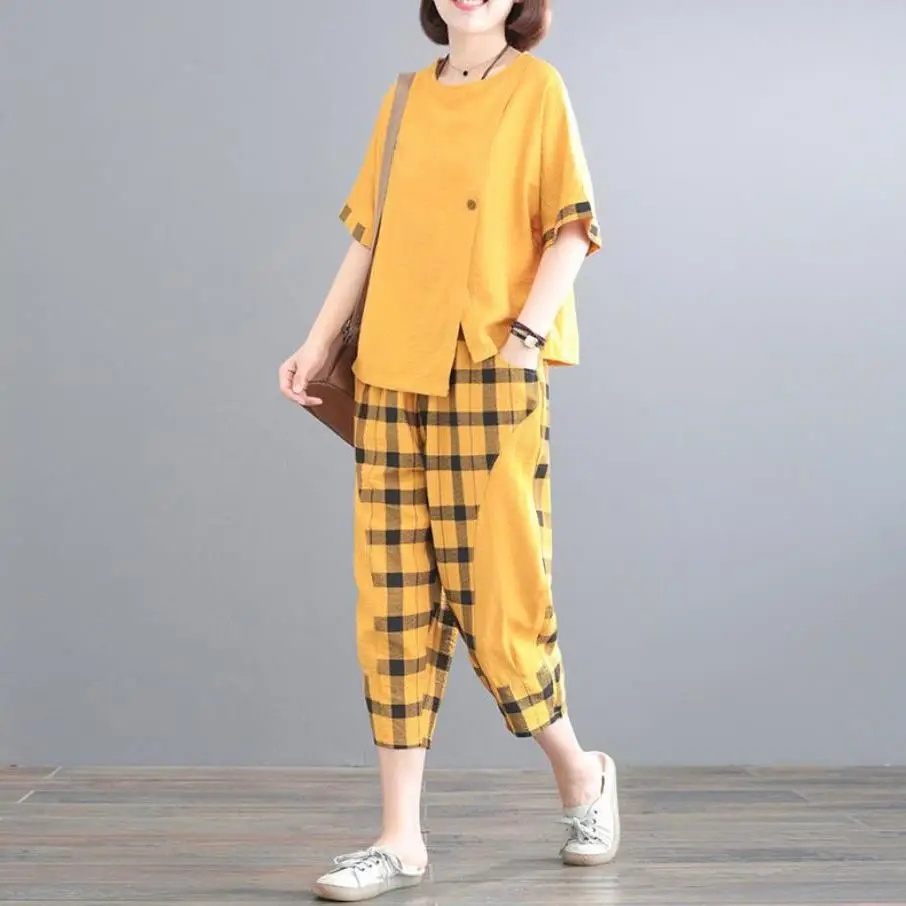 Women Plaid Patchwork 2-Piece Summer Suit Plus Size — feature 16