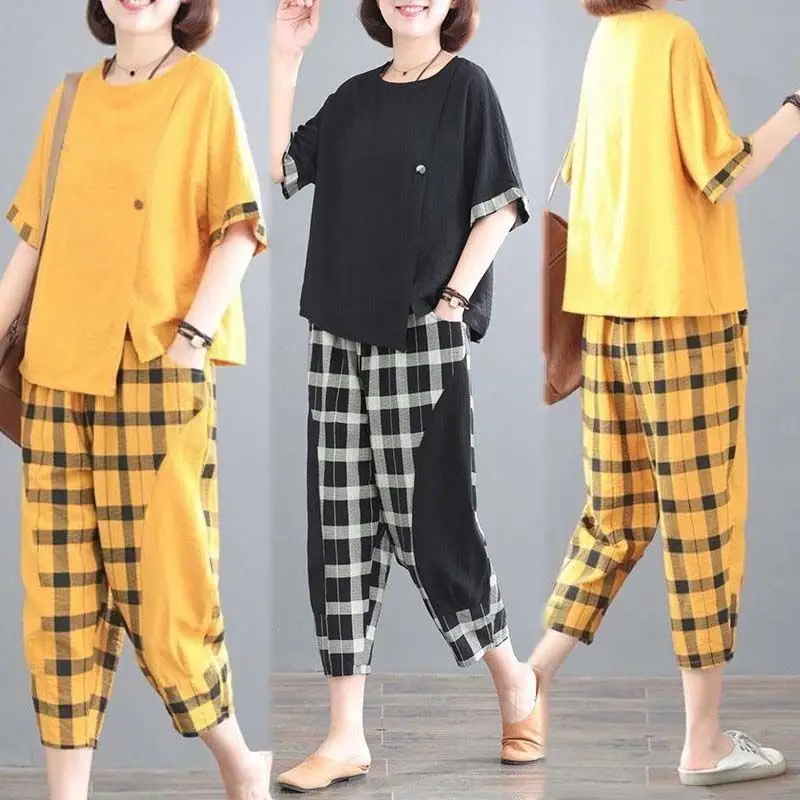 Women Plaid Patchwork 2-Piece Summer Suit Plus Size — feature 17