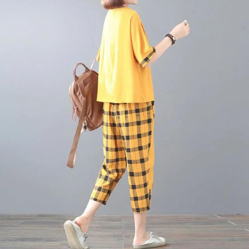 Women Plaid Patchwork 2-Piece Summer Suit Plus Size — feature 21