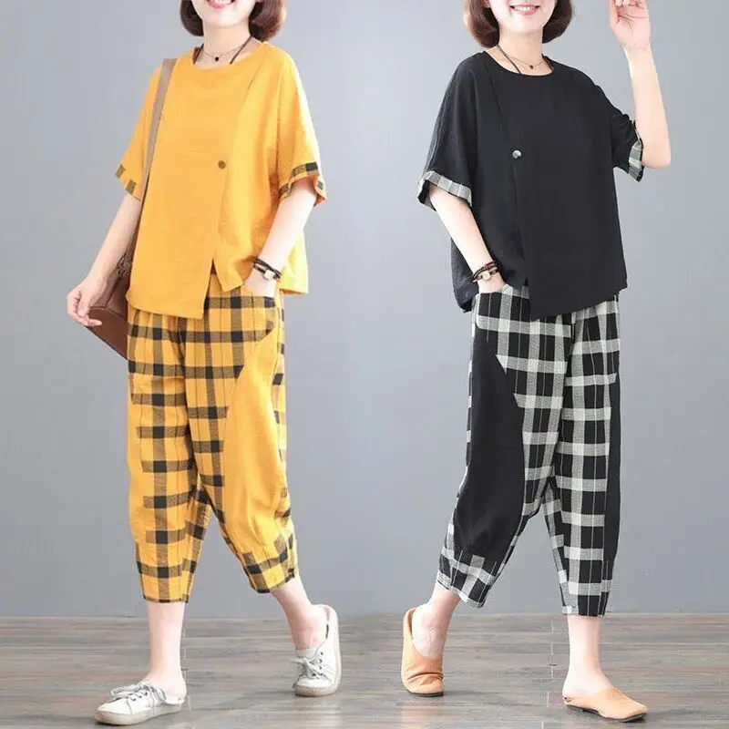 Women Plaid Patchwork 2-Piece Summer Suit Plus Size — feature 3