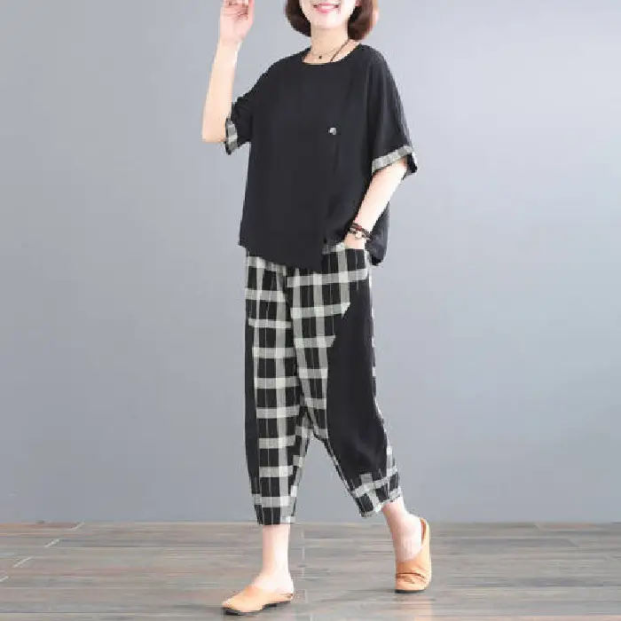Women Plaid Patchwork 2-Piece Summer Suit Plus Size - Image 2