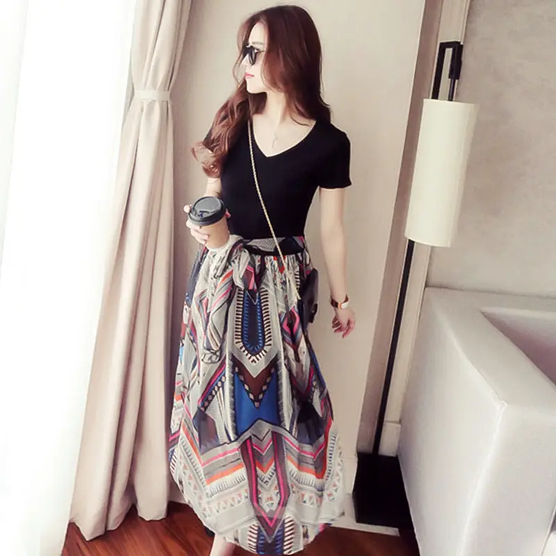 2024 Fake Two-Piece Summer Floral Dress Short Sleeve V Neck - Image 2