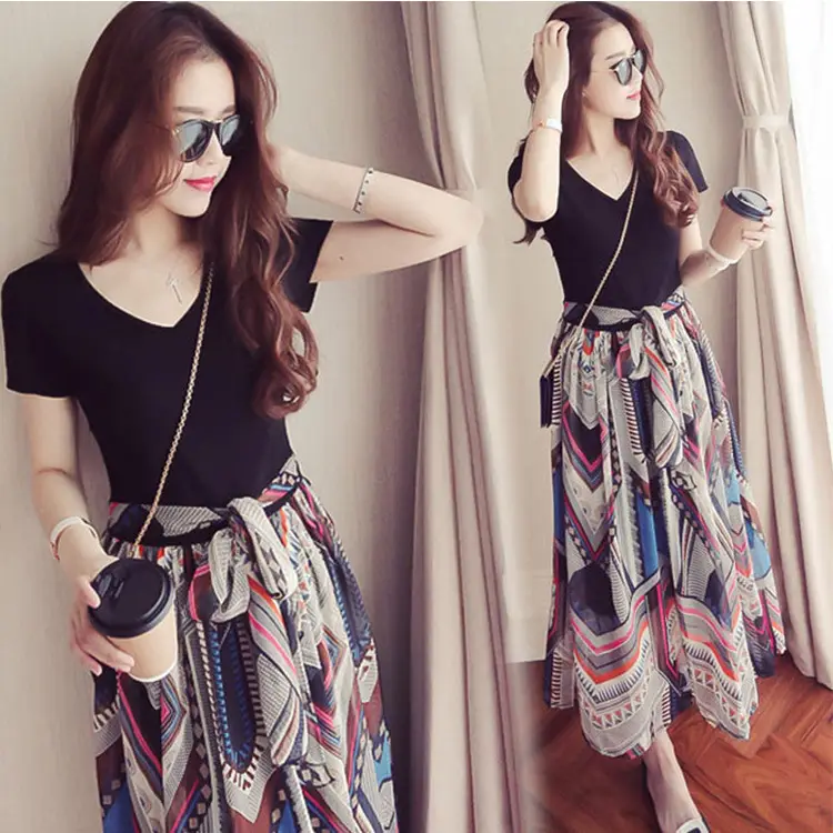 2024 Fake Two-Piece Summer Floral Dress Short Sleeve V Neck - Image 3