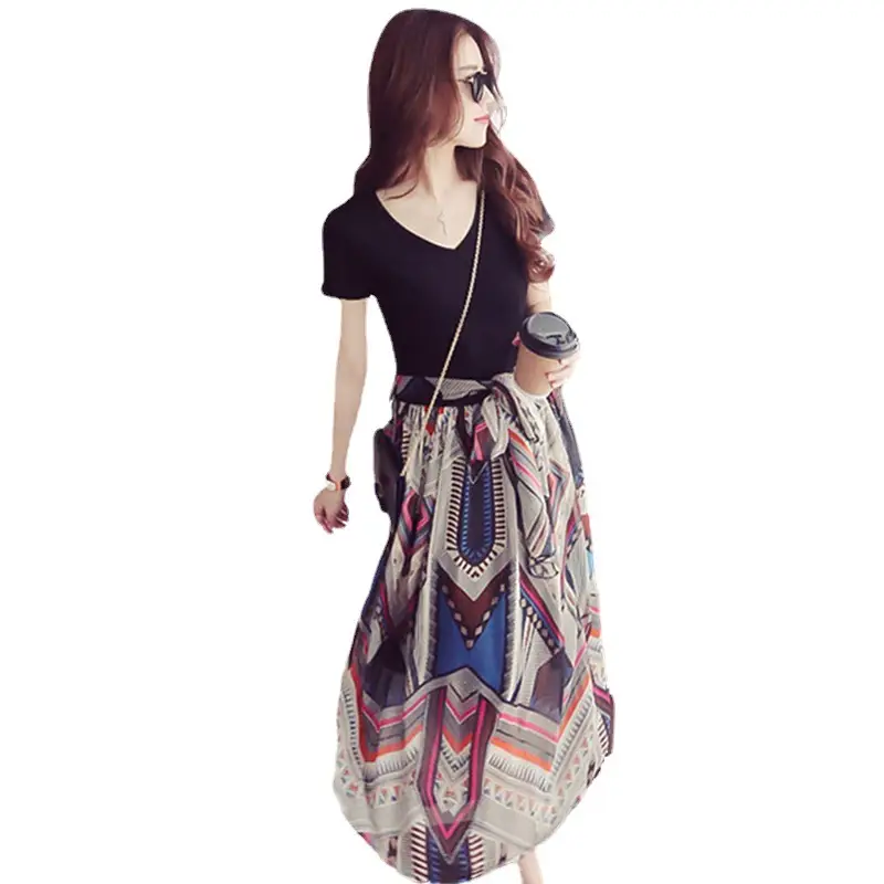 2024 Fake Two-Piece Summer Floral Dress Short Sleeve V Neck - Image 5