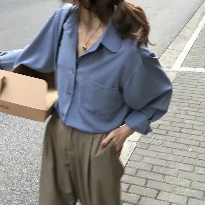 Women Blue Long Sleeve Lapel Shirt South Korea Style - Image 3