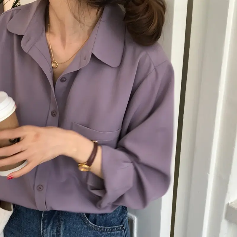 Women Blue Long Sleeve Lapel Shirt South Korea Style - Image 4