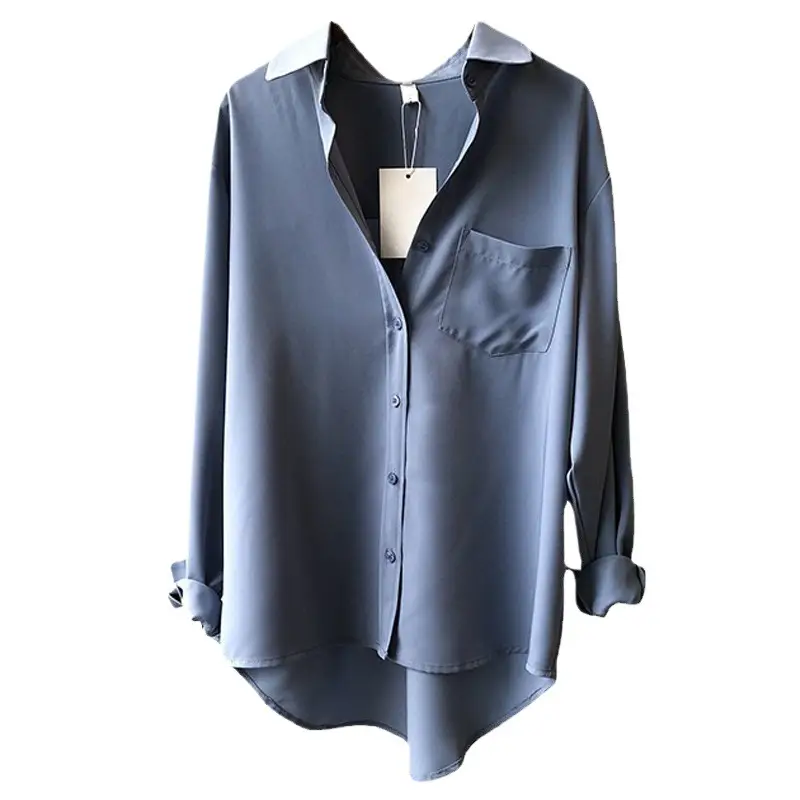 Women Blue Long Sleeve Lapel Shirt South Korea Style - Image 5