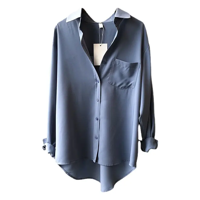 Women Blue Long Sleeve Lapel Shirt South Korea Style