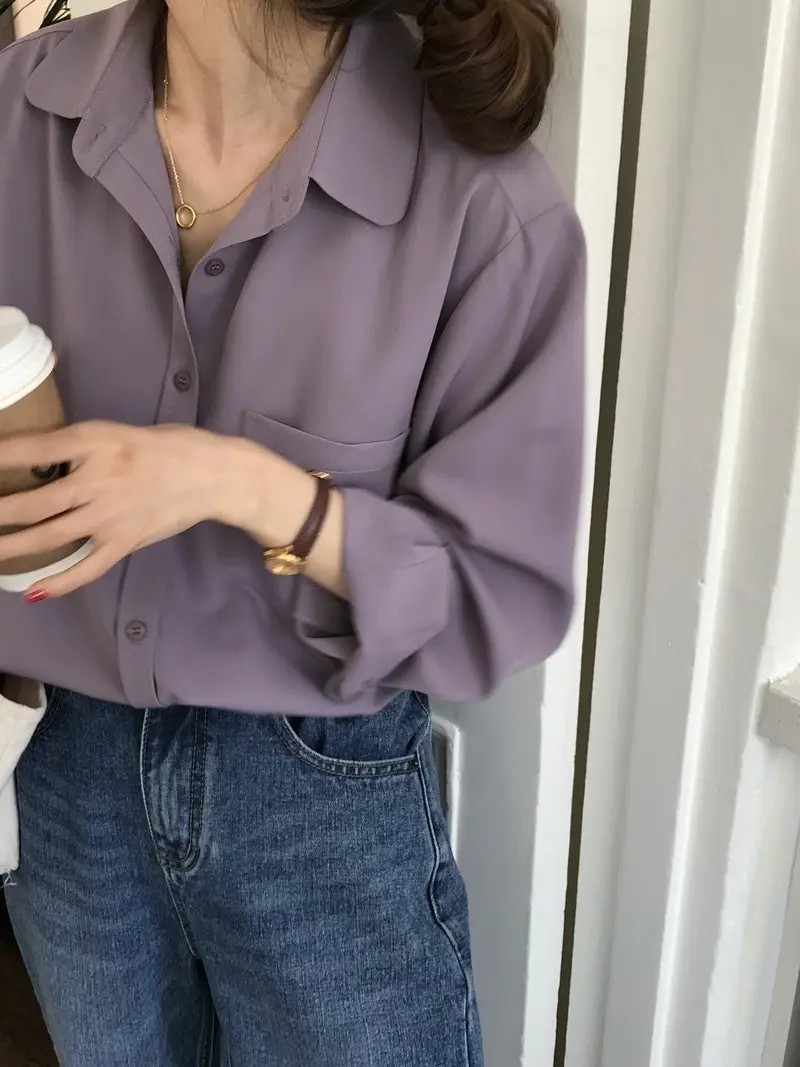 Women Blue Long Sleeve Lapel Shirt South Korea Style — feature 12