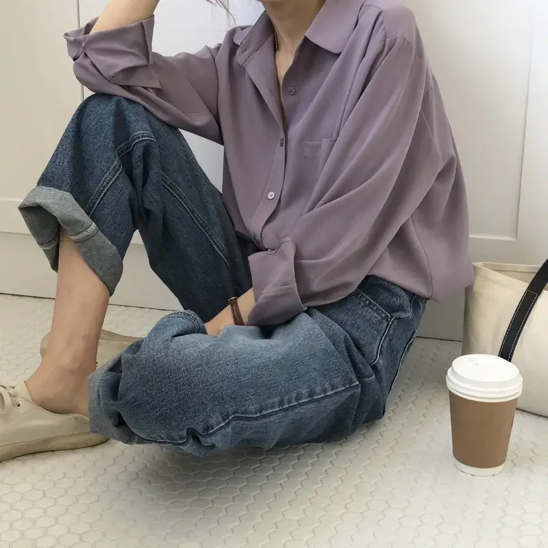 Women Blue Long Sleeve Lapel Shirt South Korea Style — feature 13