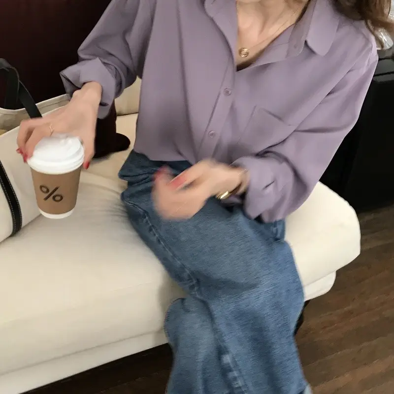 Women Blue Long Sleeve Lapel Shirt South Korea Style — feature 14