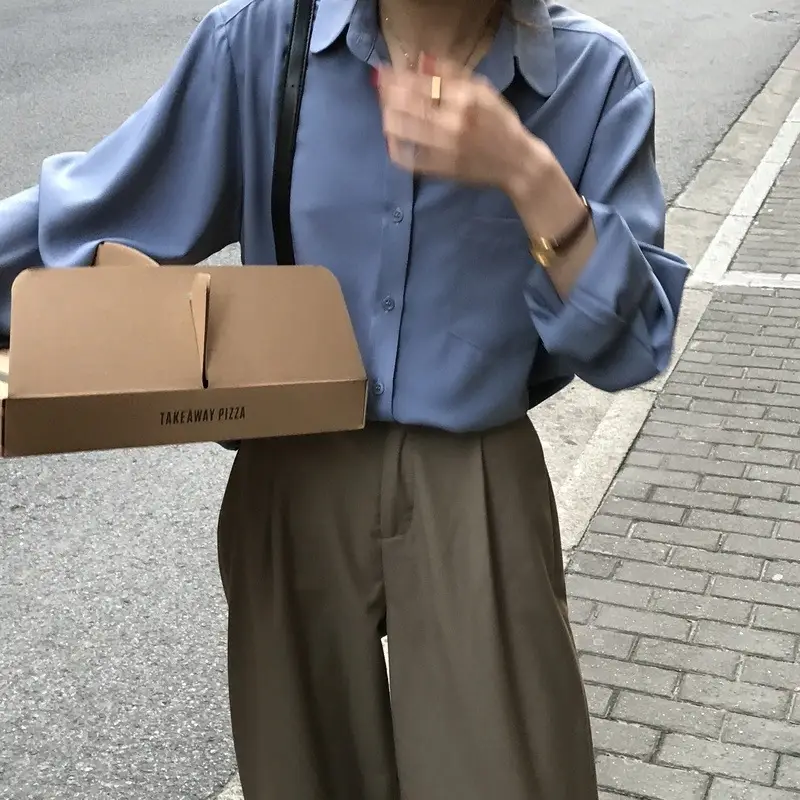 Women Blue Long Sleeve Lapel Shirt South Korea Style — feature 4