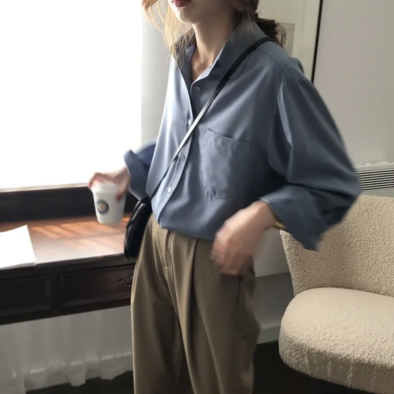 Women Blue Long Sleeve Lapel Shirt South Korea Style — feature 5