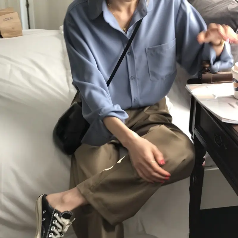 Women Blue Long Sleeve Lapel Shirt South Korea Style — feature 6