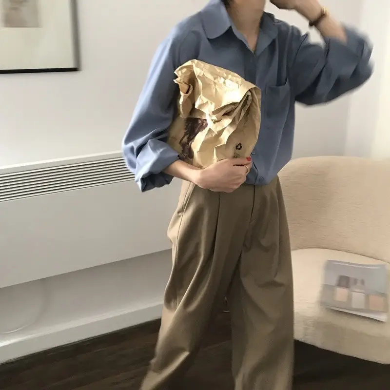 Women Blue Long Sleeve Lapel Shirt South Korea Style — feature 7