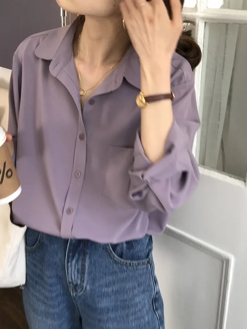 Women Blue Long Sleeve Lapel Shirt South Korea Style — feature 9