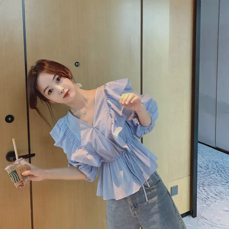 Blue Striped Ruffled V-Neck Top for Women Spring Summer