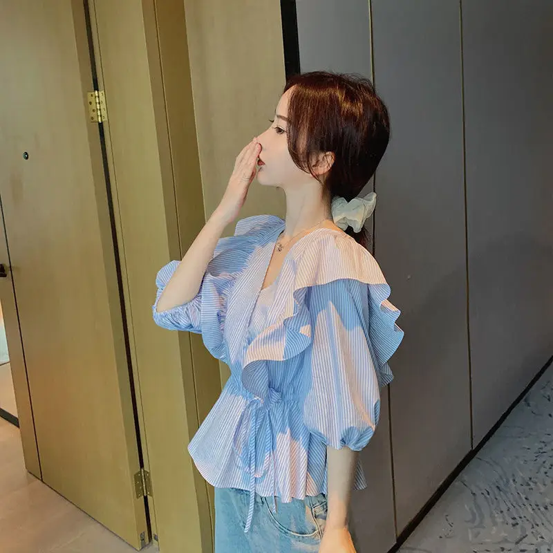 Blue Striped Ruffled V-Neck Top for Women Spring Summer
