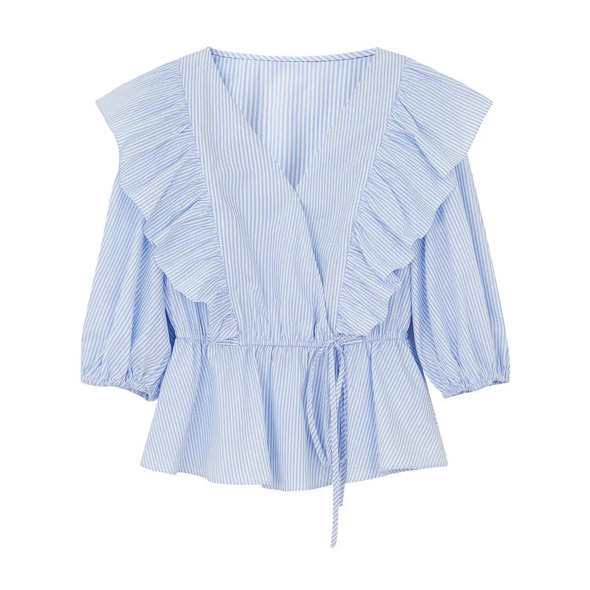 Blue Striped Ruffled V-Neck Top for Women Spring Summer