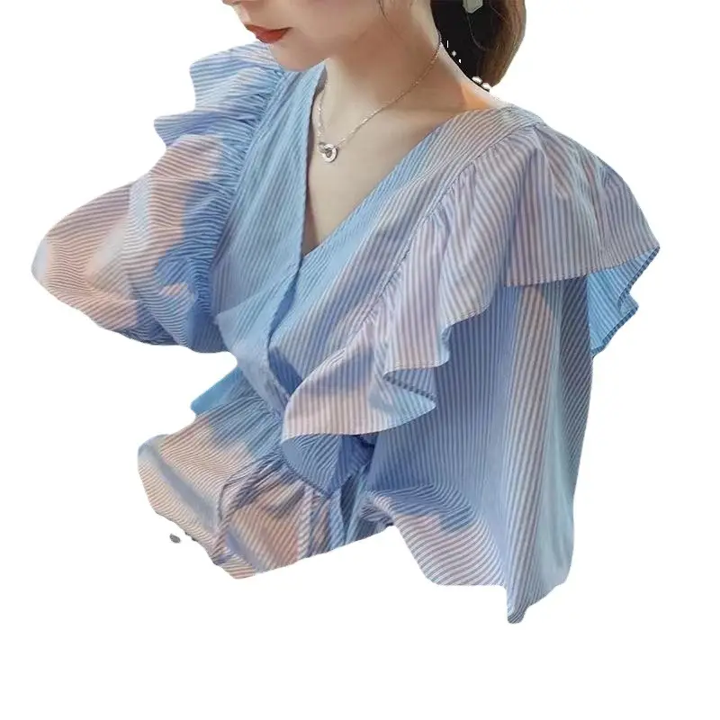 Blue Striped Ruffled V-Neck Top for Women Spring Summer