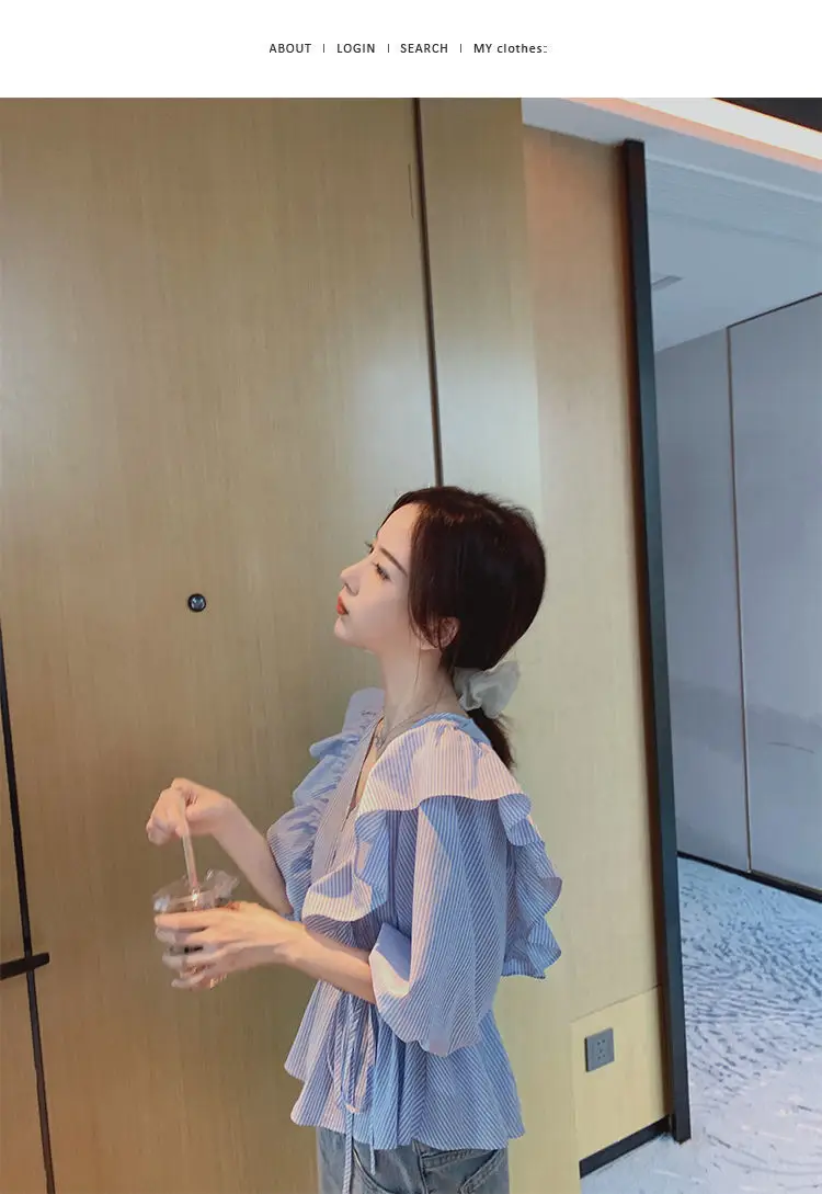 Blue Striped Ruffled V-Neck Top for Women Spring Summer — feature 10