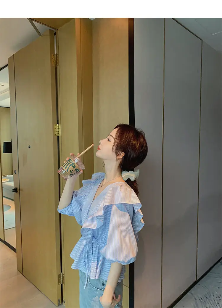 Blue Striped Ruffled V-Neck Top for Women Spring Summer — feature 11