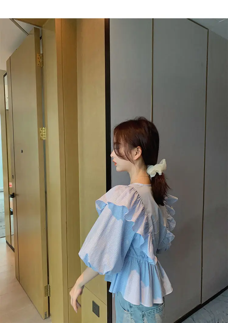 Blue Striped Ruffled V-Neck Top for Women Spring Summer — feature 12