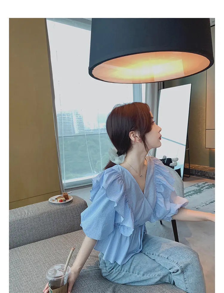 Blue Striped Ruffled V-Neck Top for Women Spring Summer — feature 13