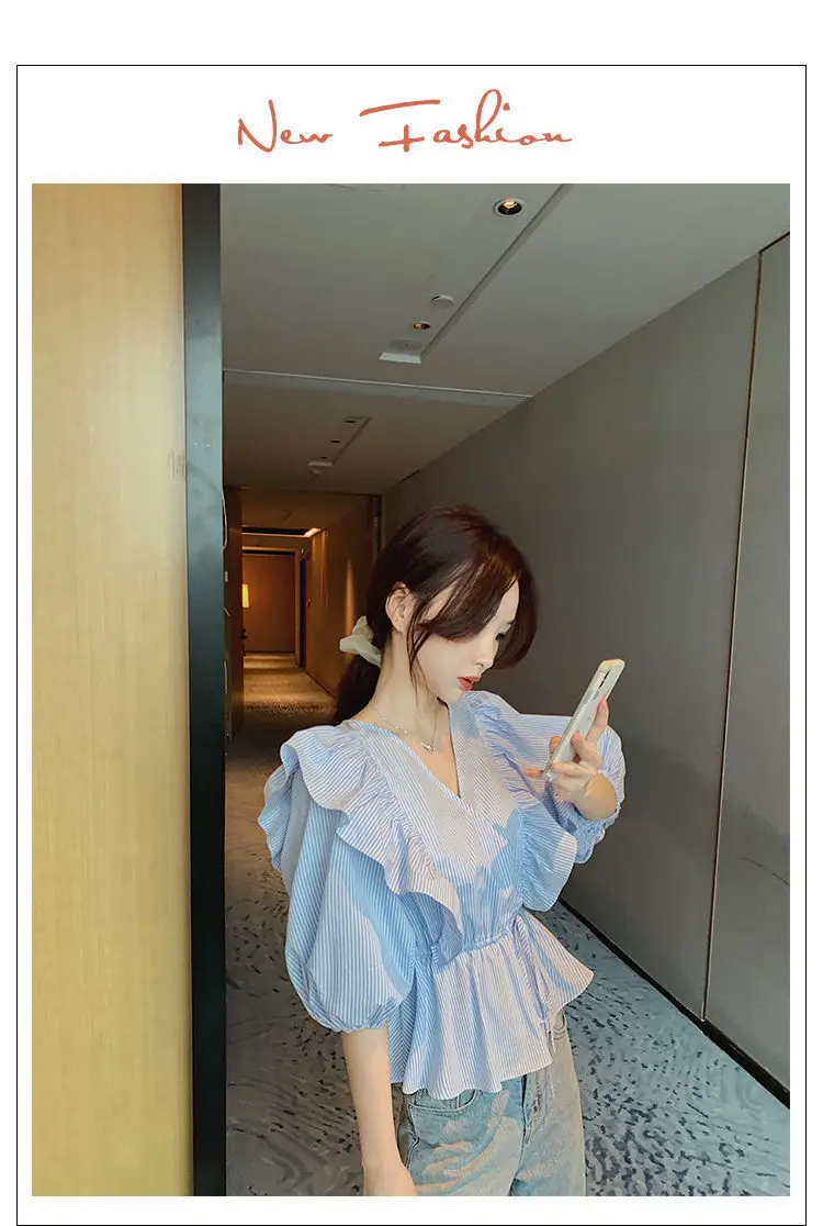 Blue Striped Ruffled V-Neck Top for Women Spring Summer — feature 14