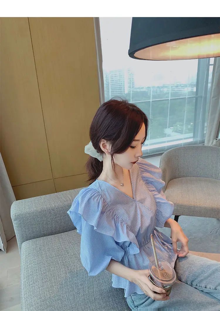 Blue Striped Ruffled V-Neck Top for Women Spring Summer — feature 15